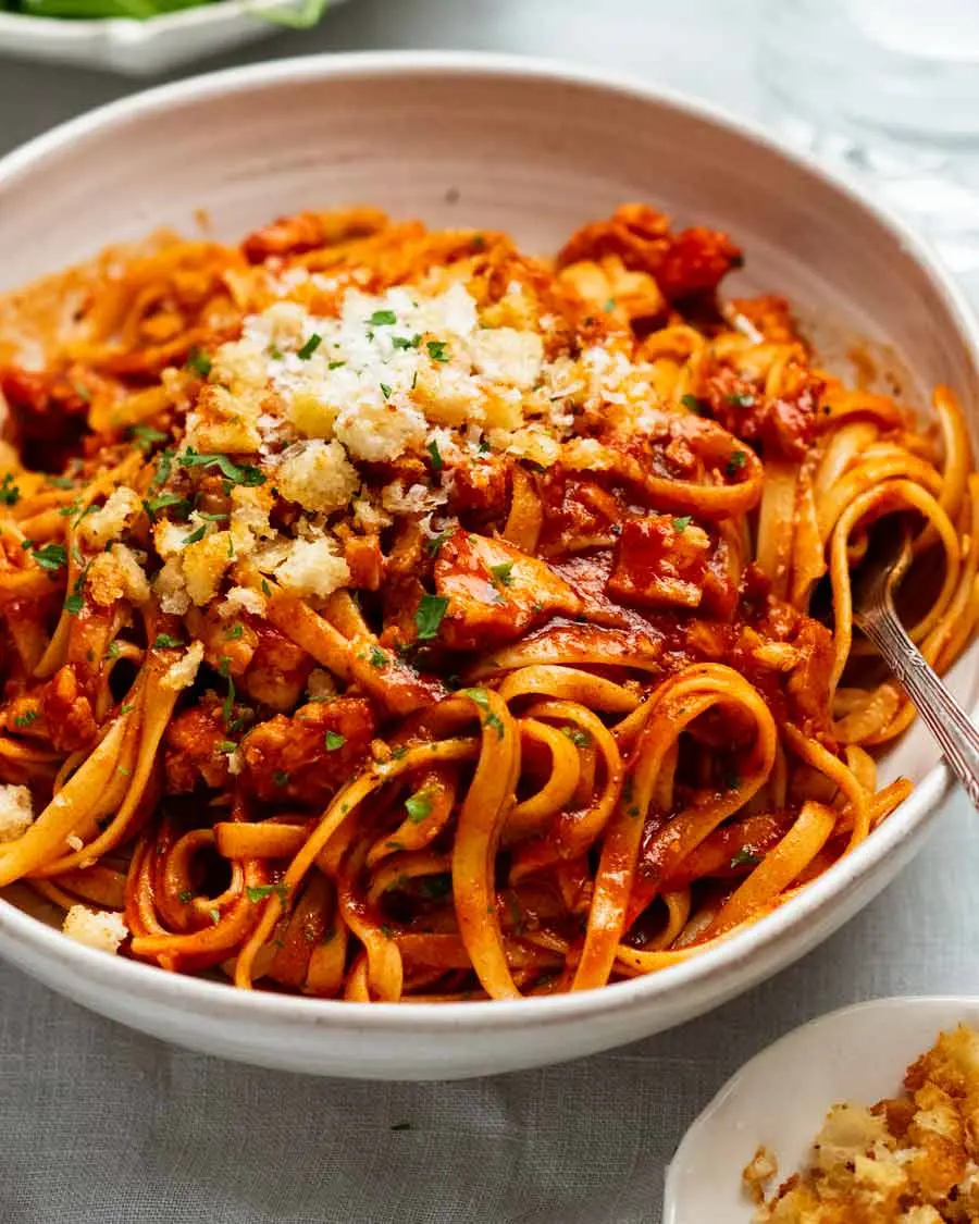 Tagliatelle in rich tomato meat sauce with parmesan and toasted breadcrumbs at Bubbles restaurant